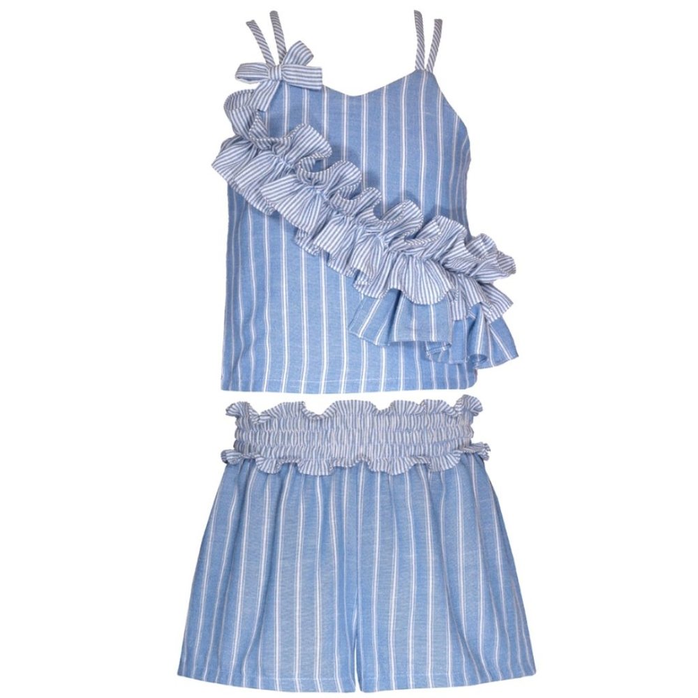 Bonnie Jean Girls Size 2T-16 "BLUE WHITE RUFFLE" Woven Stripe Top Shorts